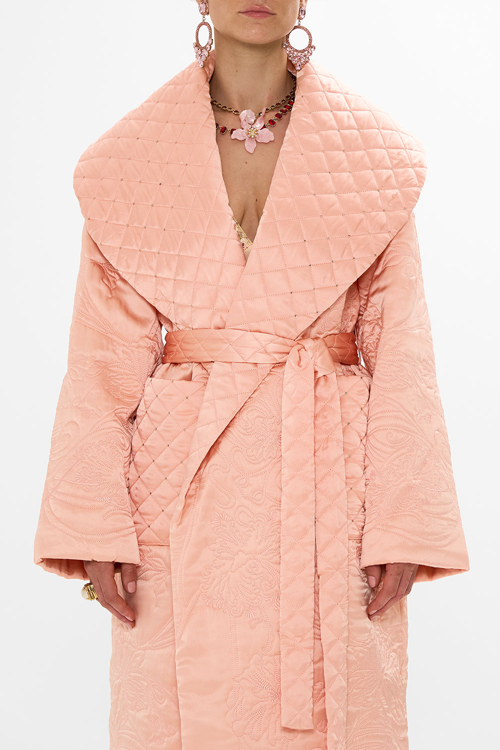 CAMILLA Floral Quilted Long Wrap Coat in Blossoms and Brushstrokes