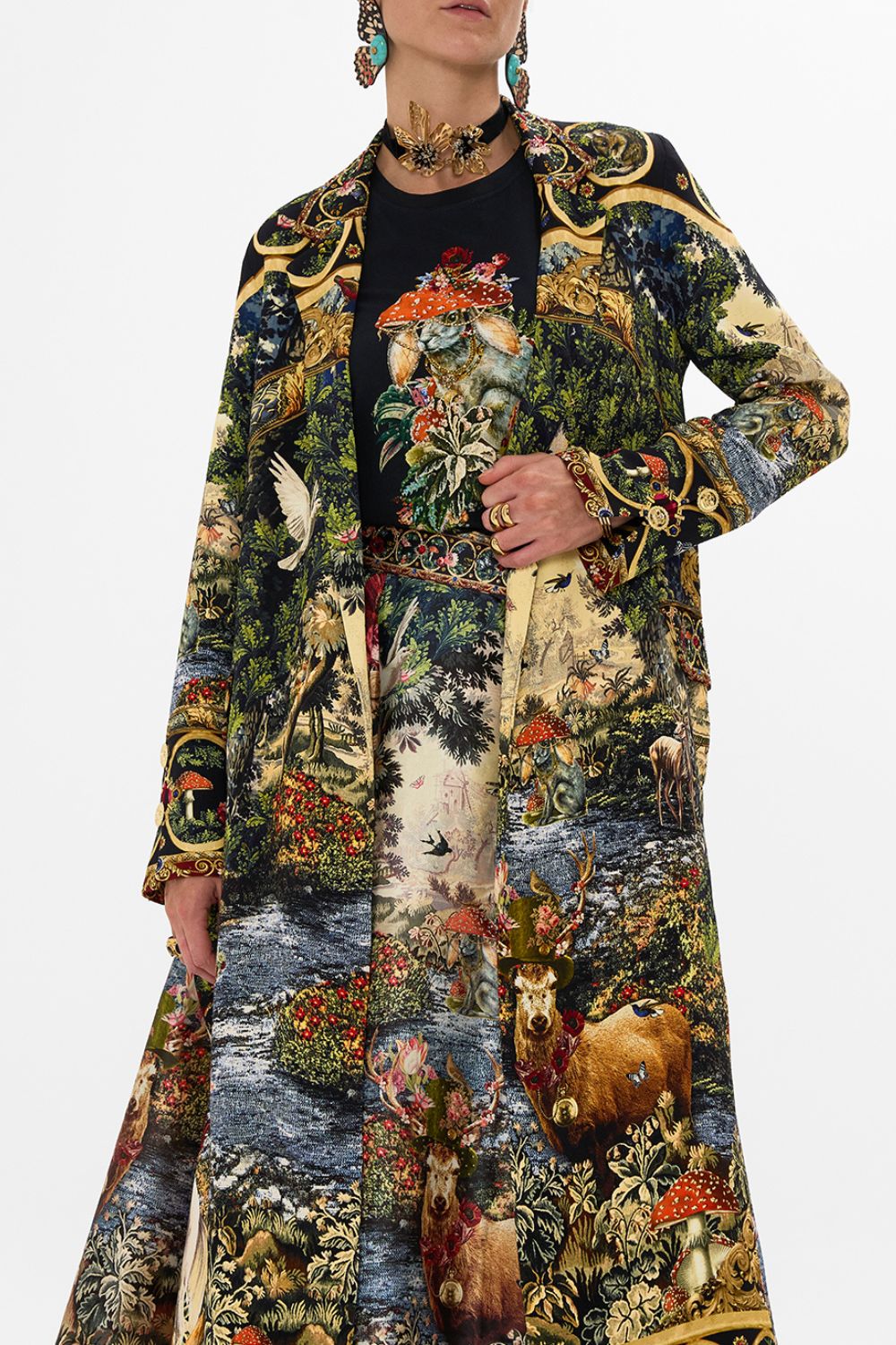 CAMILLA Floral Coat with Wide Cuffs and Short Side Splits in Tapestry Totems