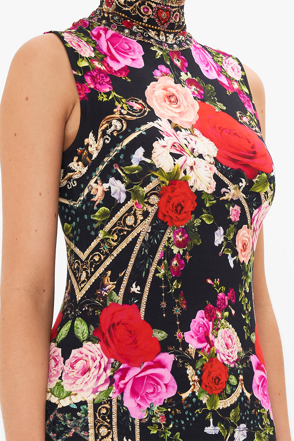 Detail view of model wearing CAMILLA jersey sleeveless turleneck top in Reservation For Love print