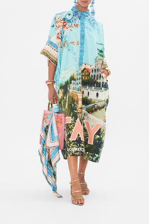 Front view of model wearing CAMILLA silk kaftan from Sorrento With Love print