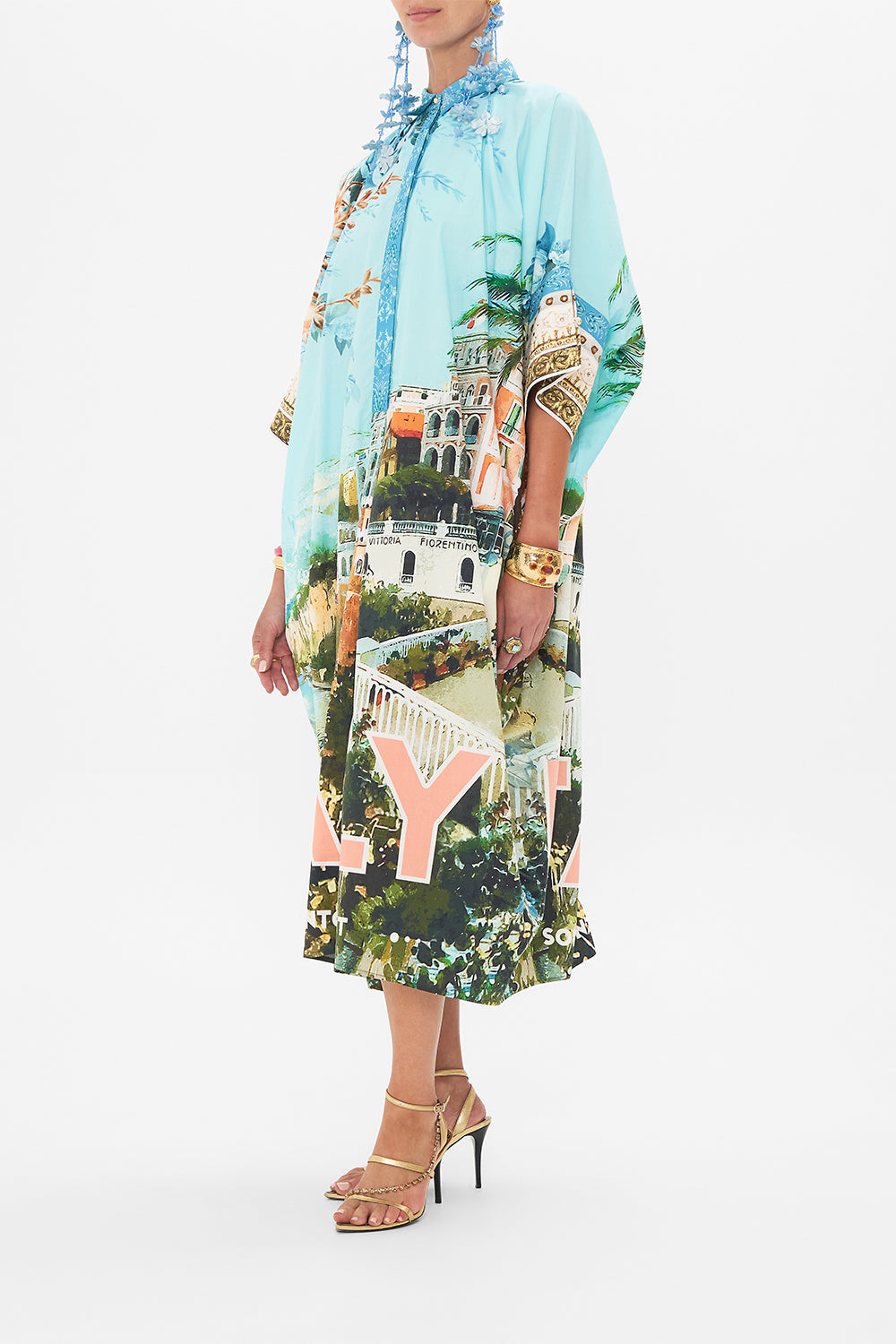 Side view of model wearing CAMILLA silk kaftan from Sorrento With Love print