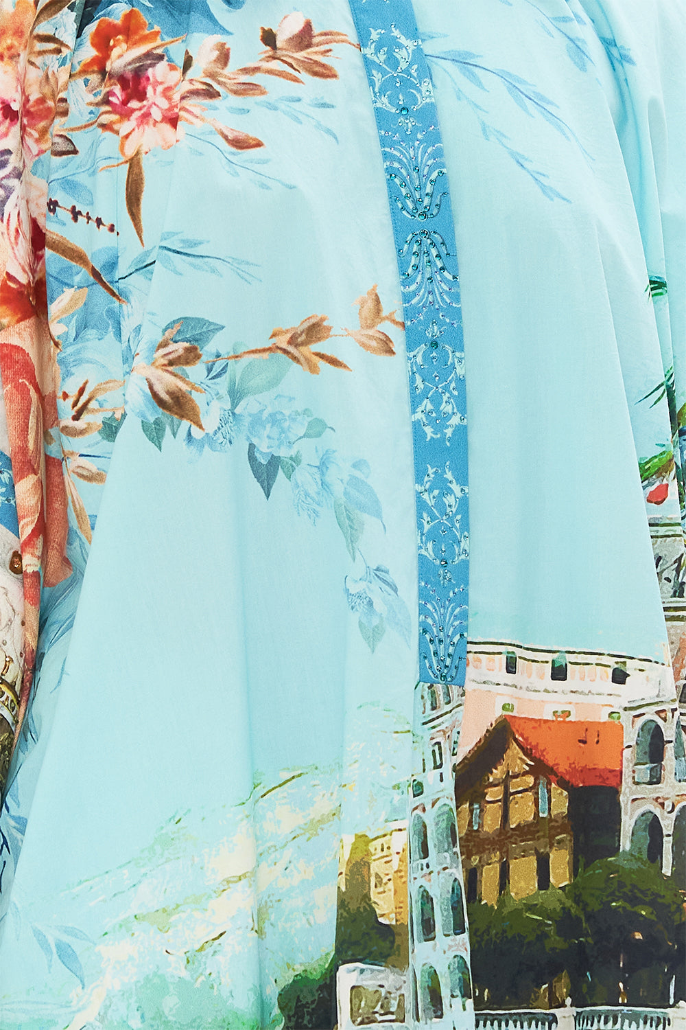 Detail view of model wearing CAMILLA silk kaftan from Sorrento With Love print