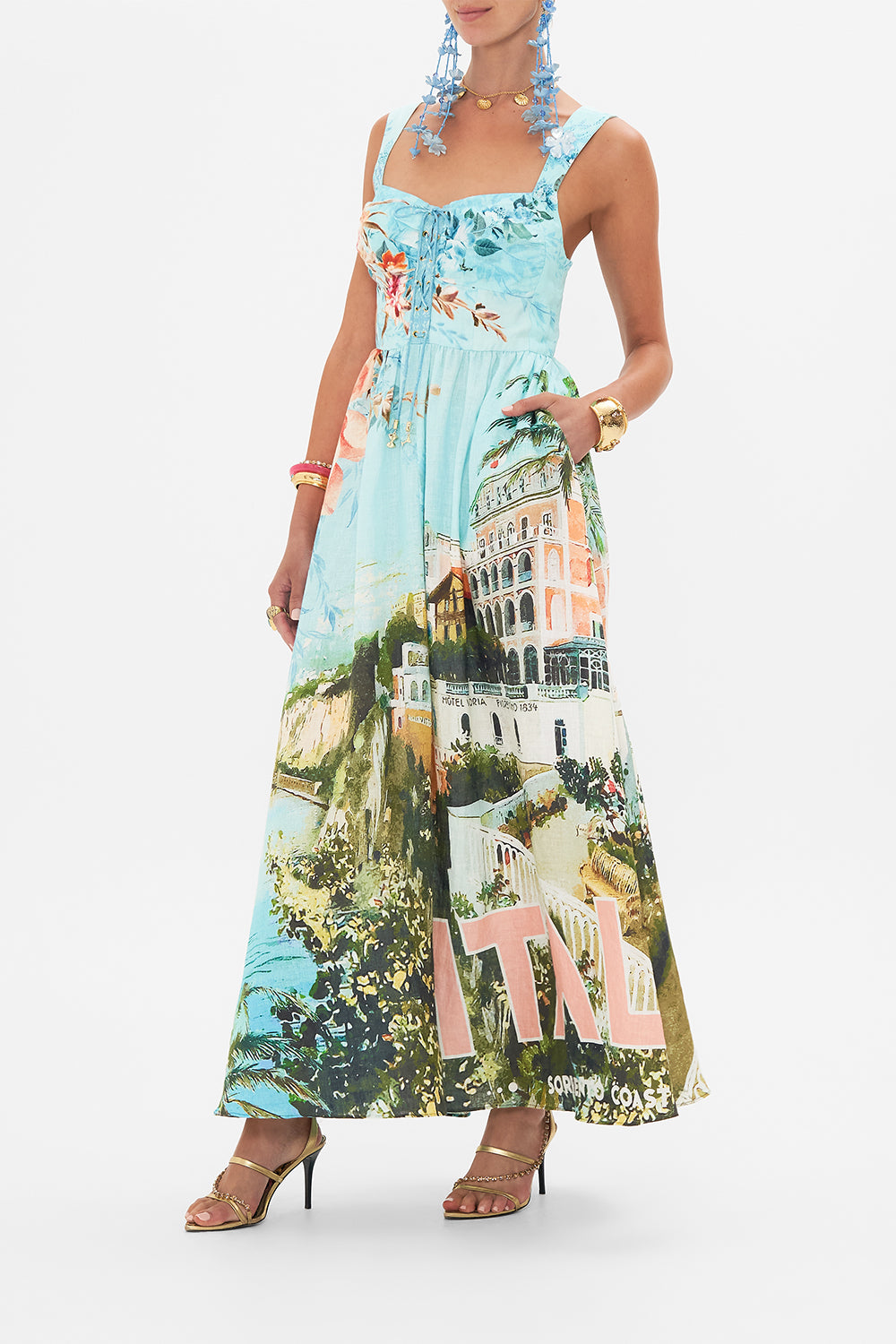 Side view of model wearing CAMILLA bustier dress in From Sorrento With Love print