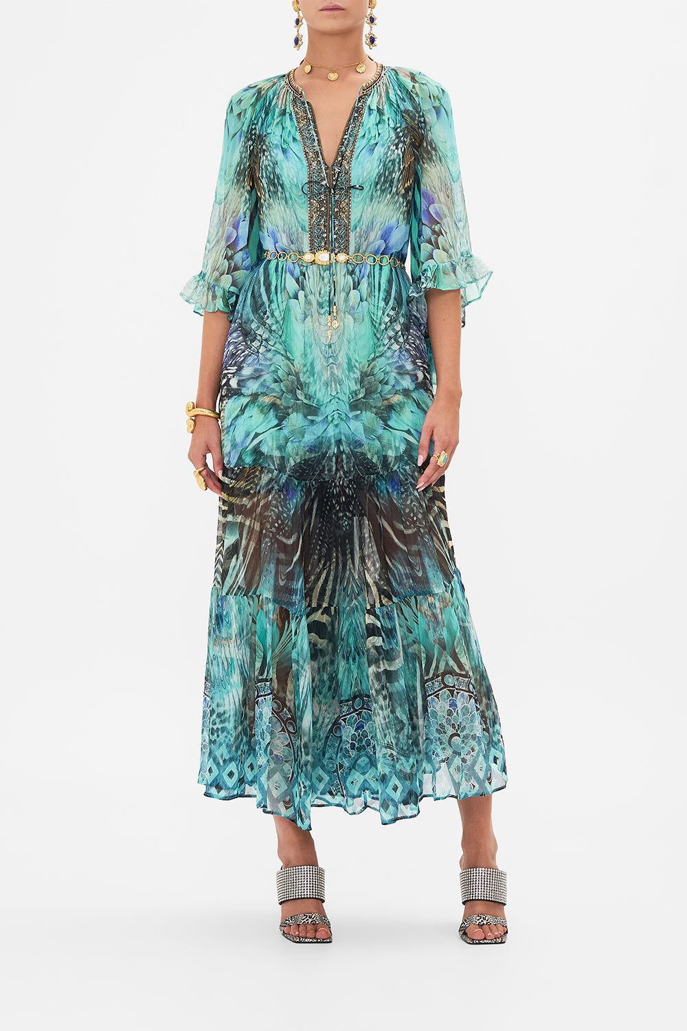 Style view of model wearing CAMILLA silk dress in Azure Allure