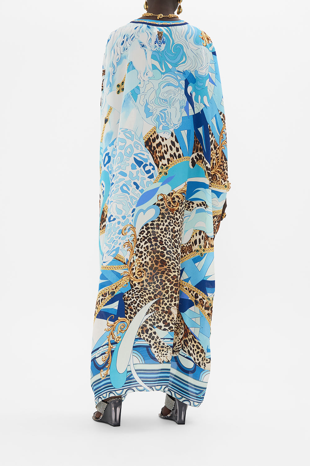 Back view of model wearing CAMILLA silk kaftan in Sky Cheetah print