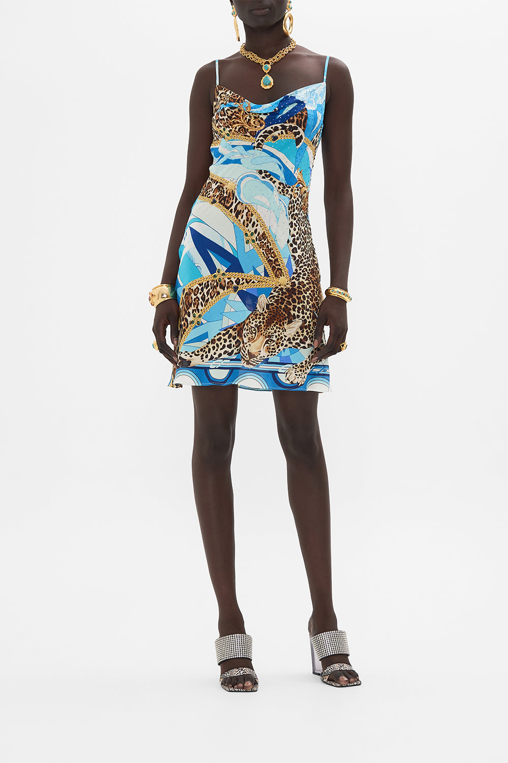 Front view of model wearing CAMILLA silk slip dress in Sky Cheetah print