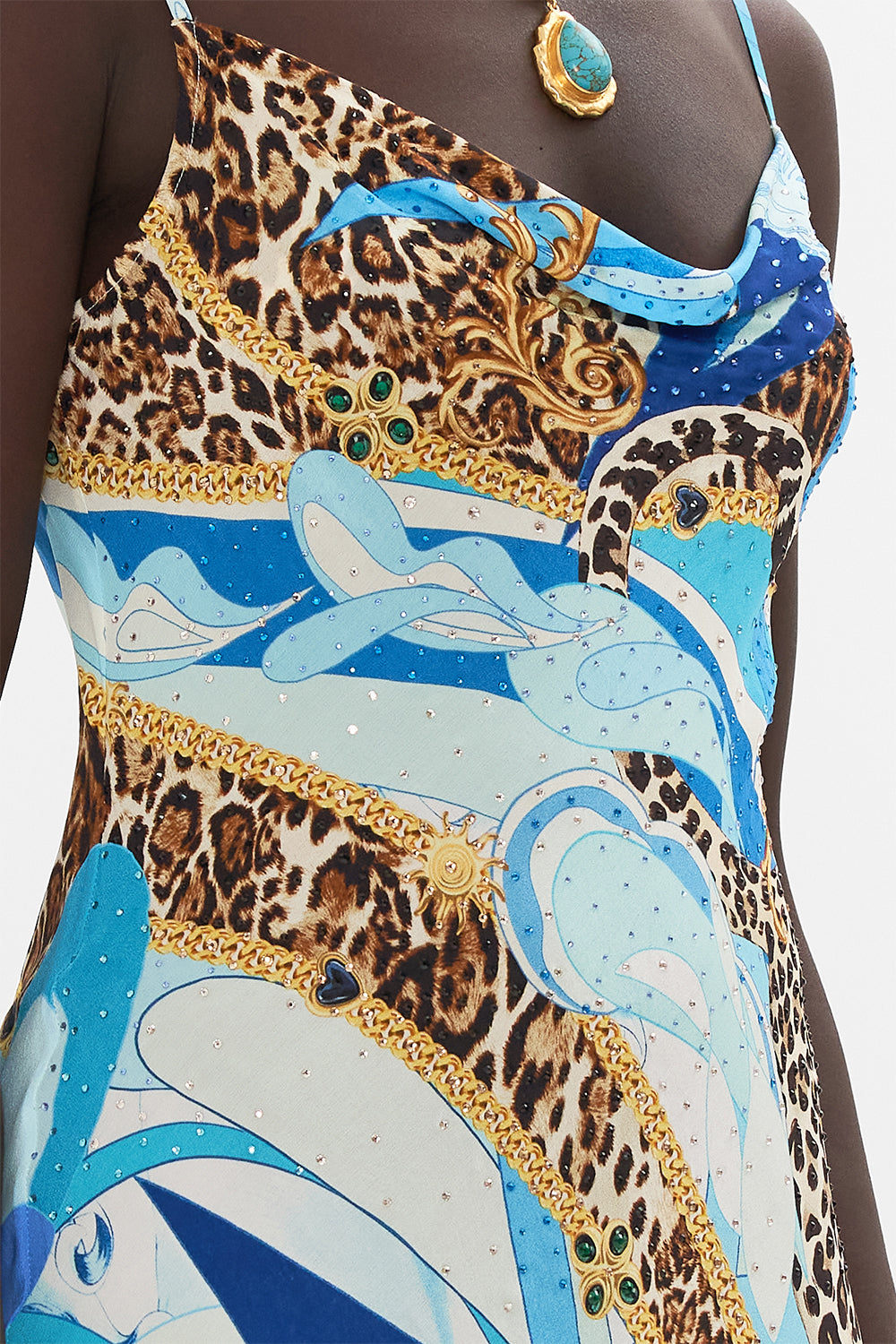 Detail view of model wearing CAMILLA silk slip dress in Sky Cheetah print