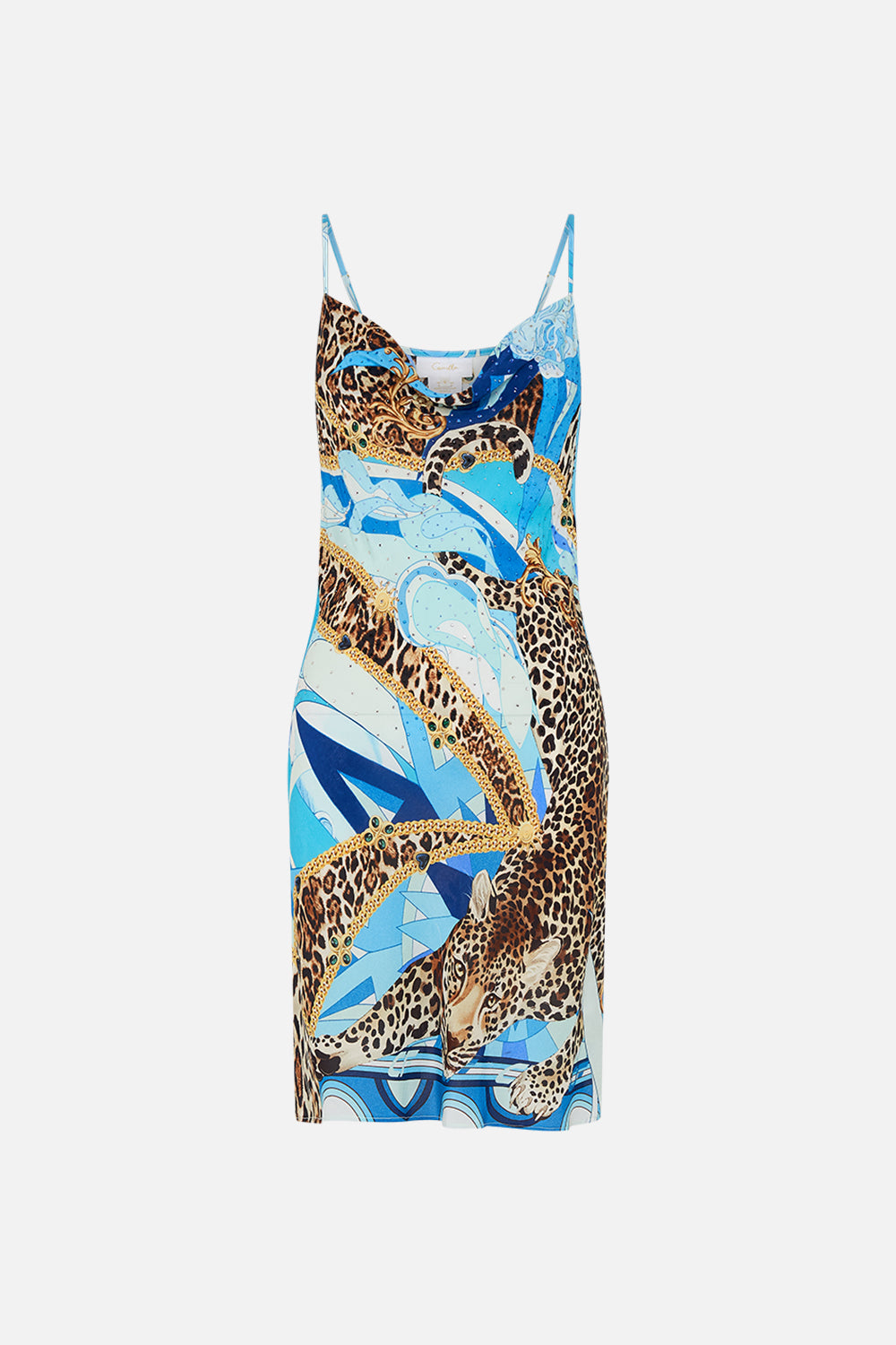 Product view of CAMILLA silk slip dress in Sky Cheetah print