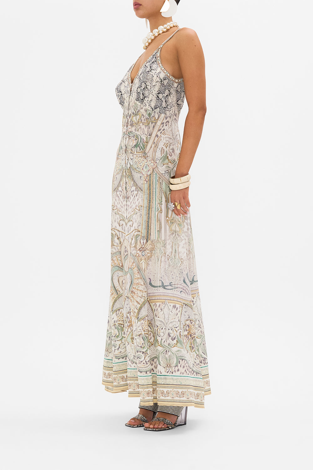 CAMILLA silk dress in Ivory Tower Tales print