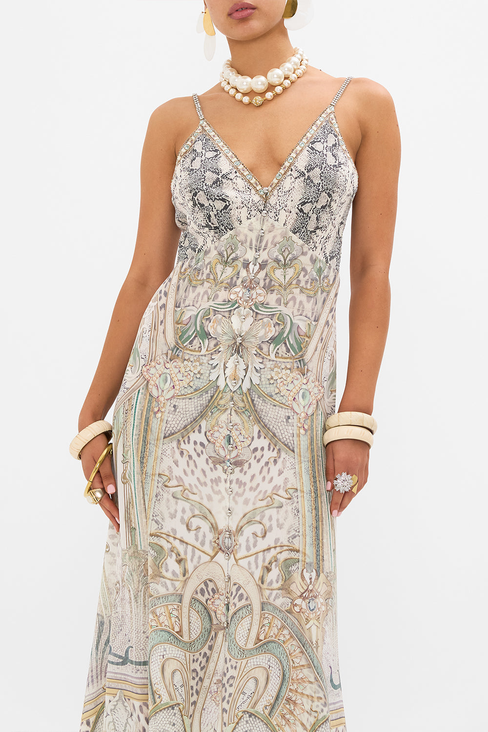 CAMILLA silk dress in Ivory Tower Tales print