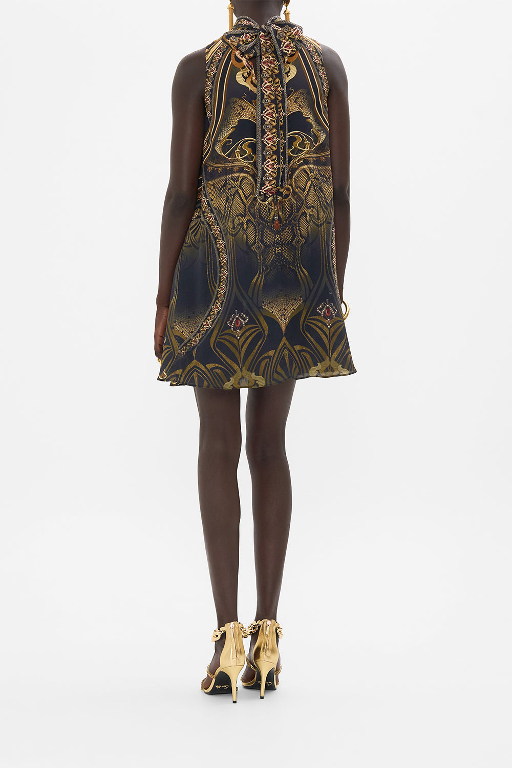 CAMILLA silk mini dress in Nouveau Noir print