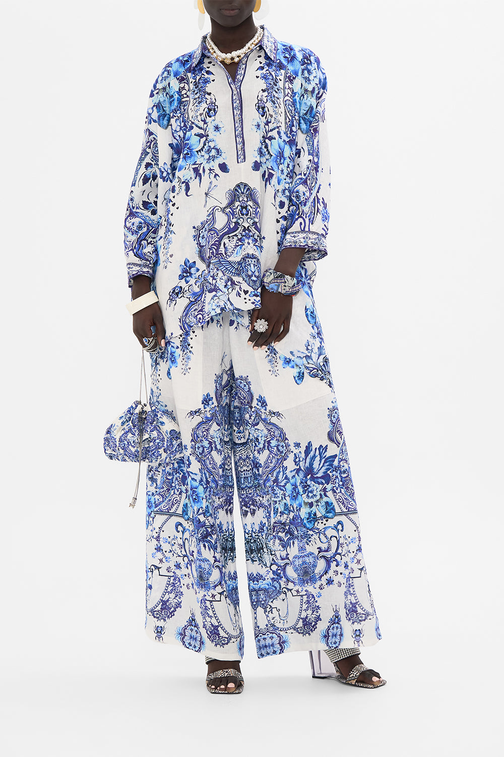 Front view of model wearing CAMILLA silk top in Glaze and Graze print