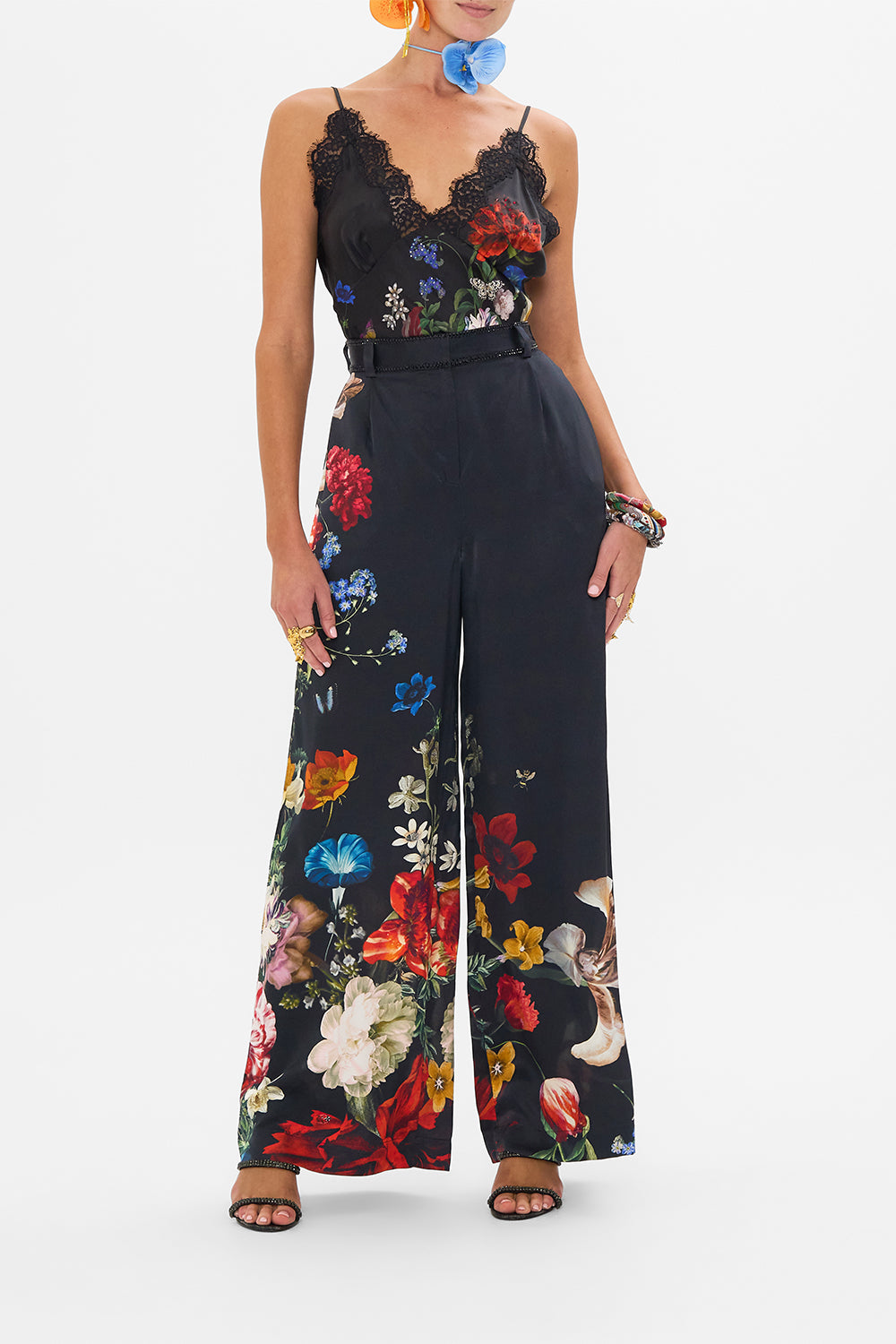CAMILLA black floral print silk pants in A Still Life print