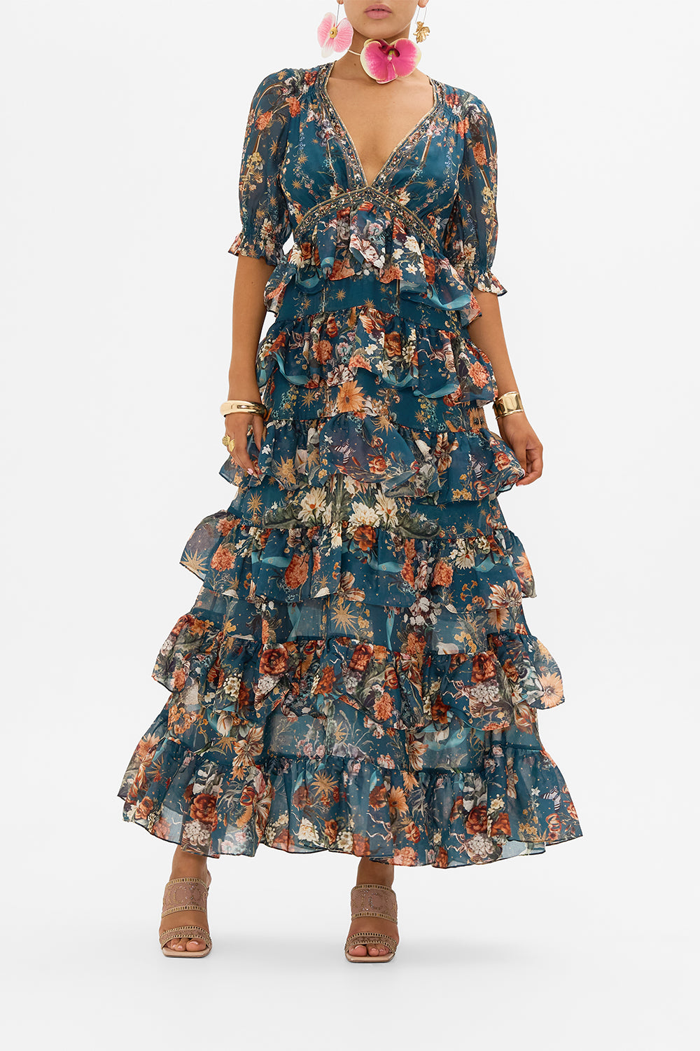 CAMILLA puff sleeve maxi dress in She Who Wears The Crown print