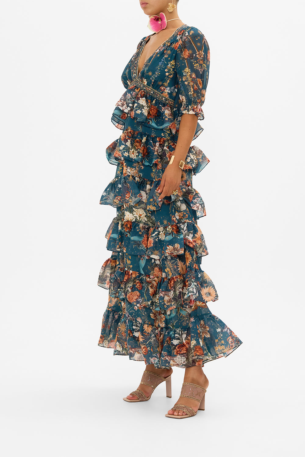 CAMILLA puff sleeve maxi dress in She Who Wears The Crown print