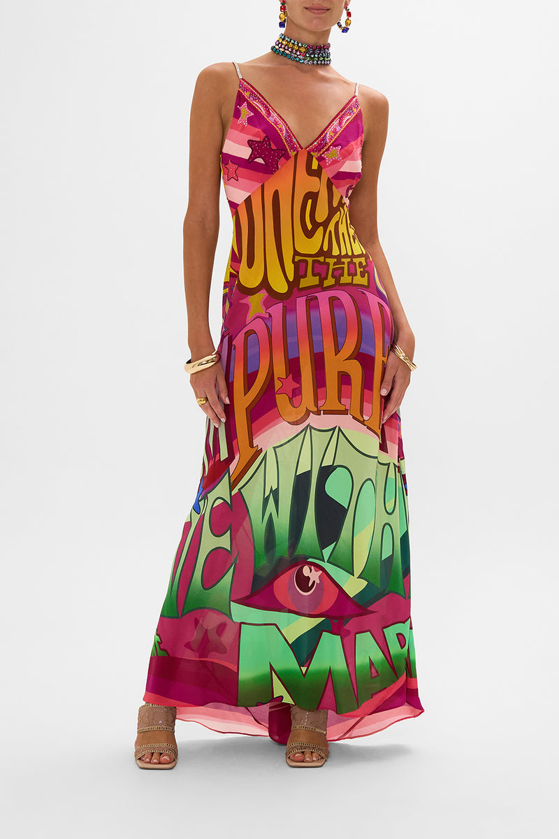 Camilla V-Neck Full Length Bias Slip Dress in Song of Saint Anthony