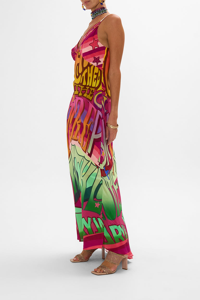 V NECK LONG BIAS SLIP DRESS WITH TRAIN IN HONOUR OF HEIRLOOMS