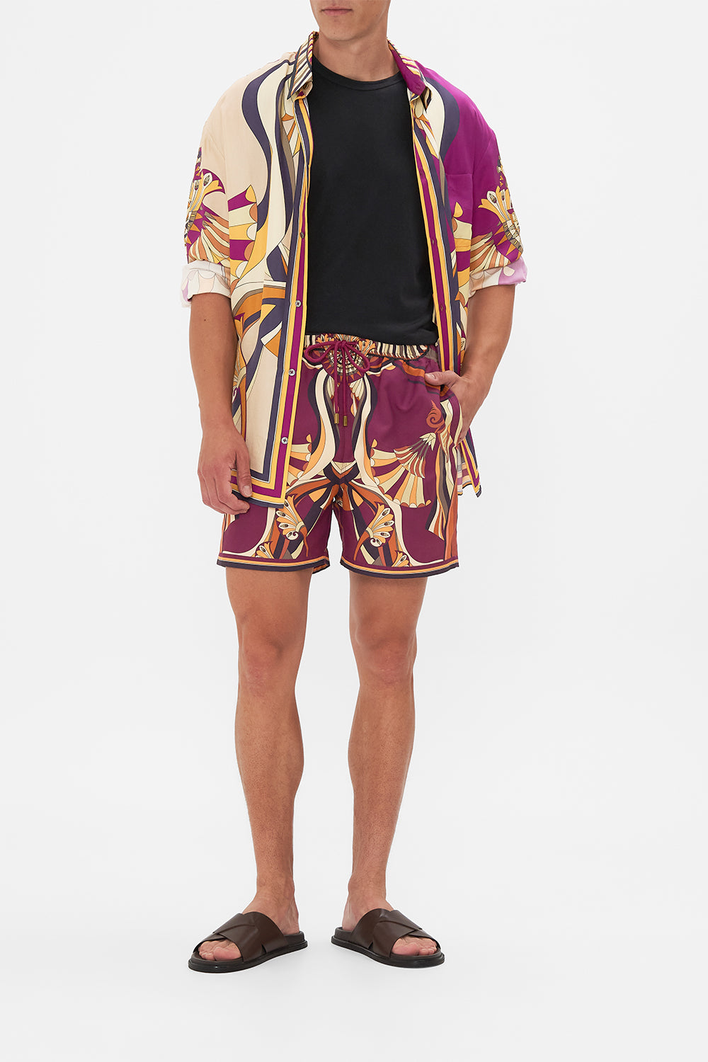 Hotel Franks By CAMILLA Black mid length boardshort in Desert Delerium print.