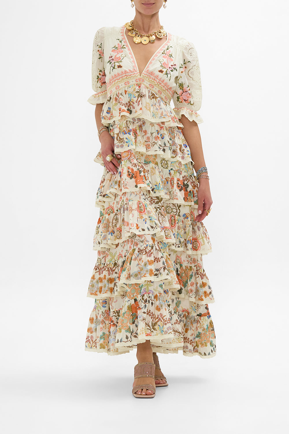 CAMILLA Puff Sleeve Tiered Skirt Long Dress in Honour of Heirlooms print