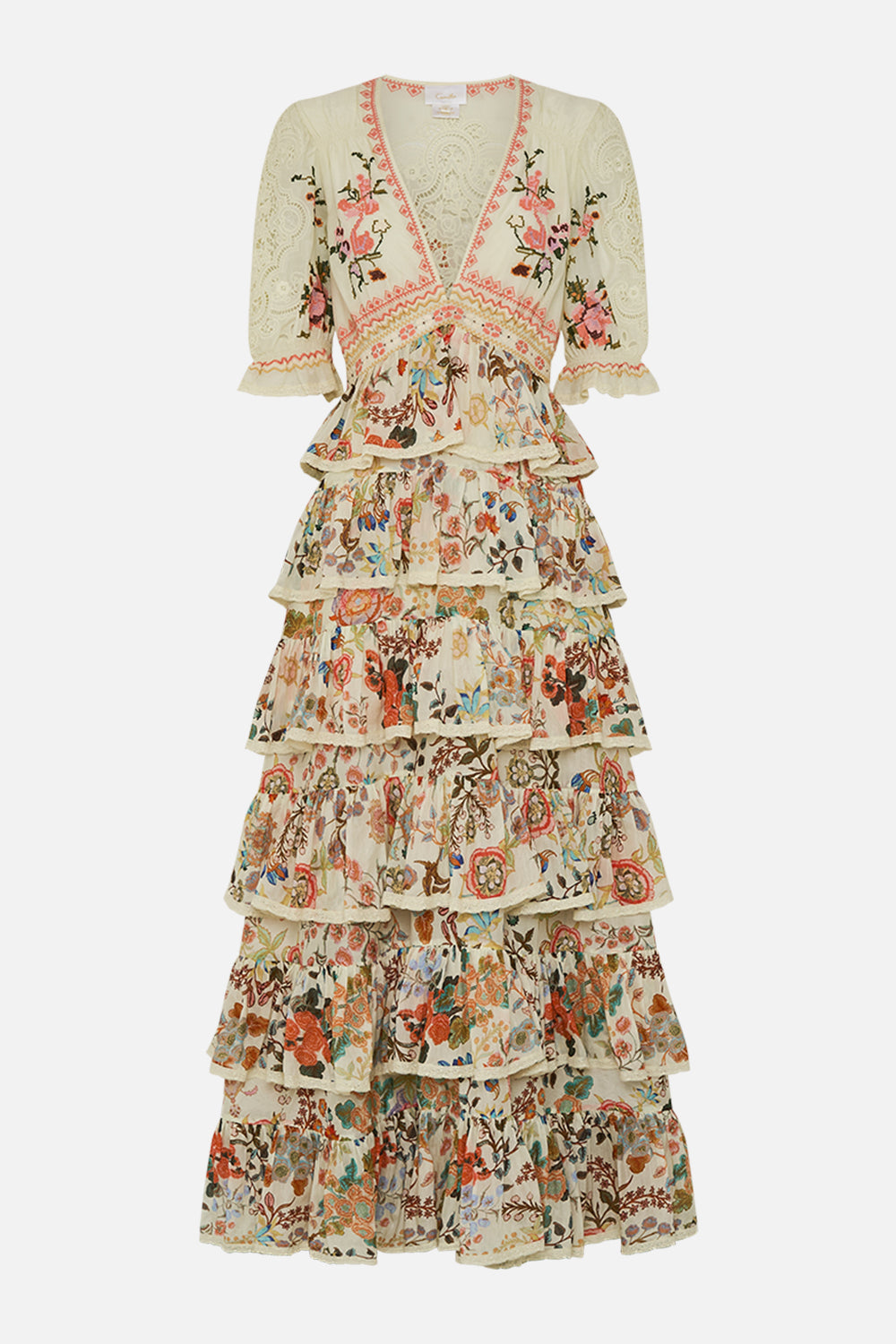 CAMILLA Puff Sleeve Tiered Skirt Long Dress in Honour of Heirlooms print