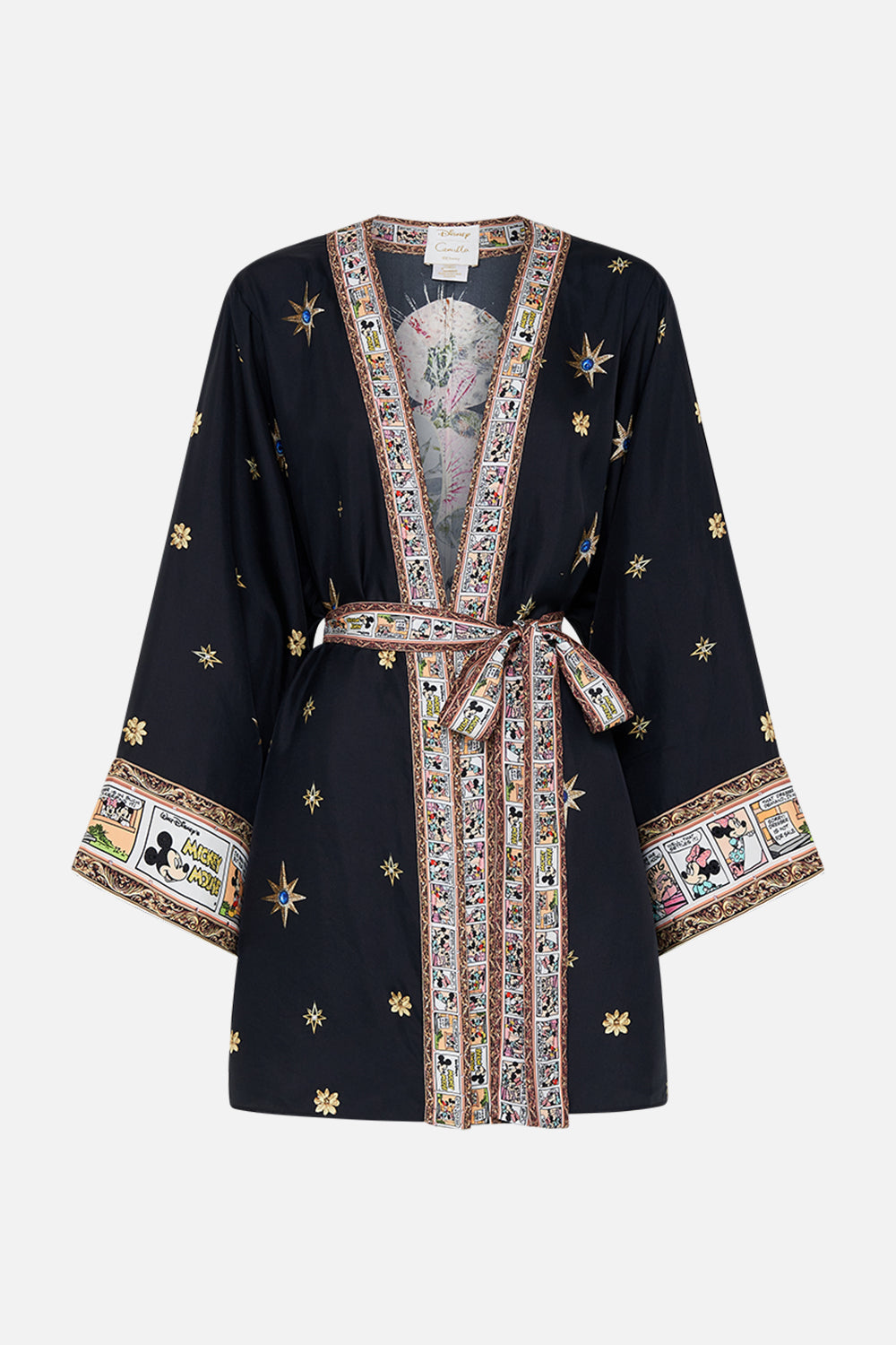 Disney x CAMILLA short silk kimono at Midnght At Minnies print 