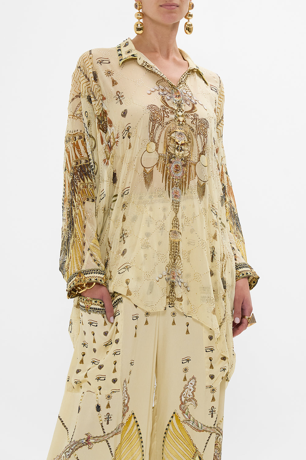 CAMILLA Gold Badla Embellished Button-Up Draped Back Top in Gateway to the Afterlife Print