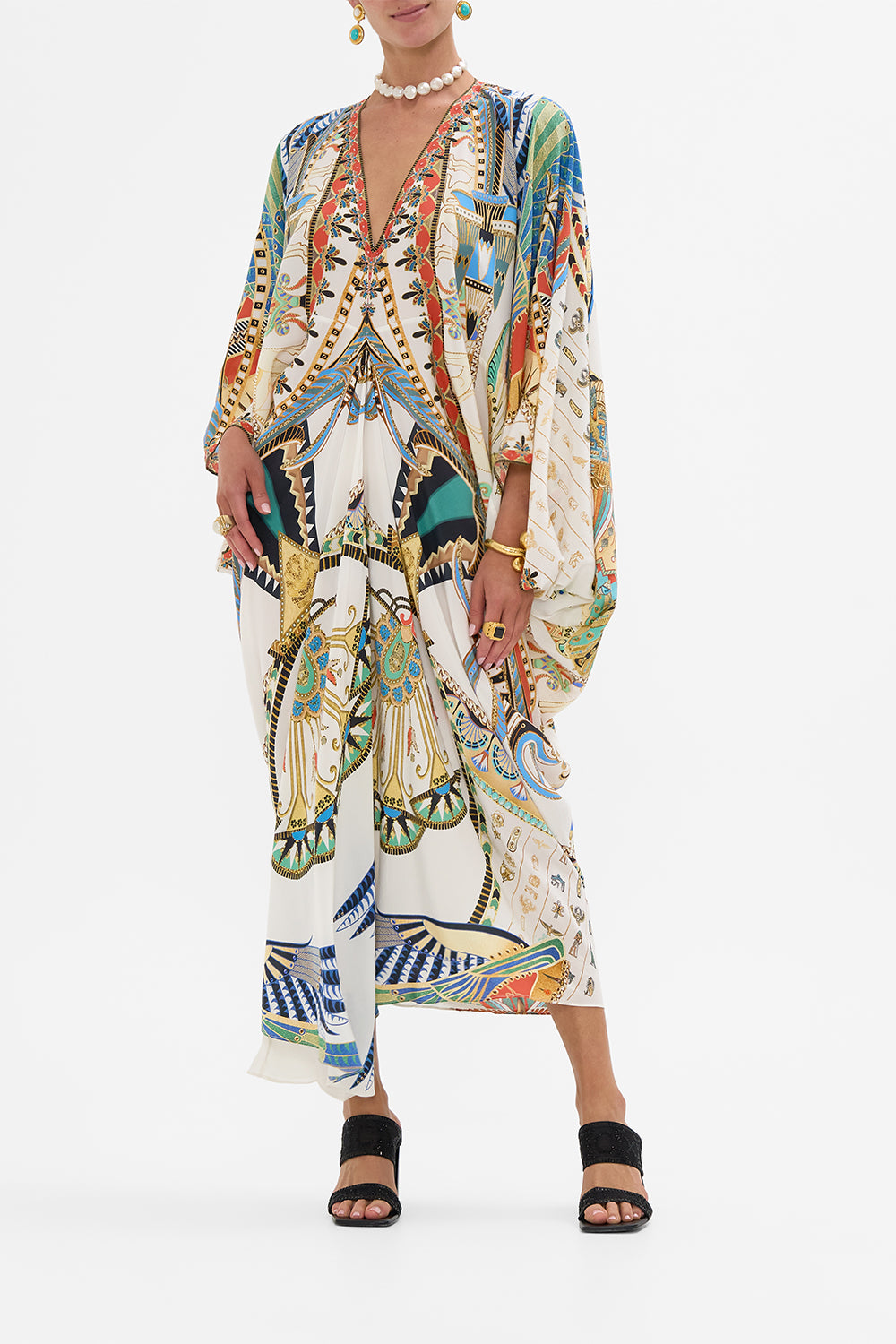 CAMILLA T-Shape Long Kaftan in Valley Of The Queens print