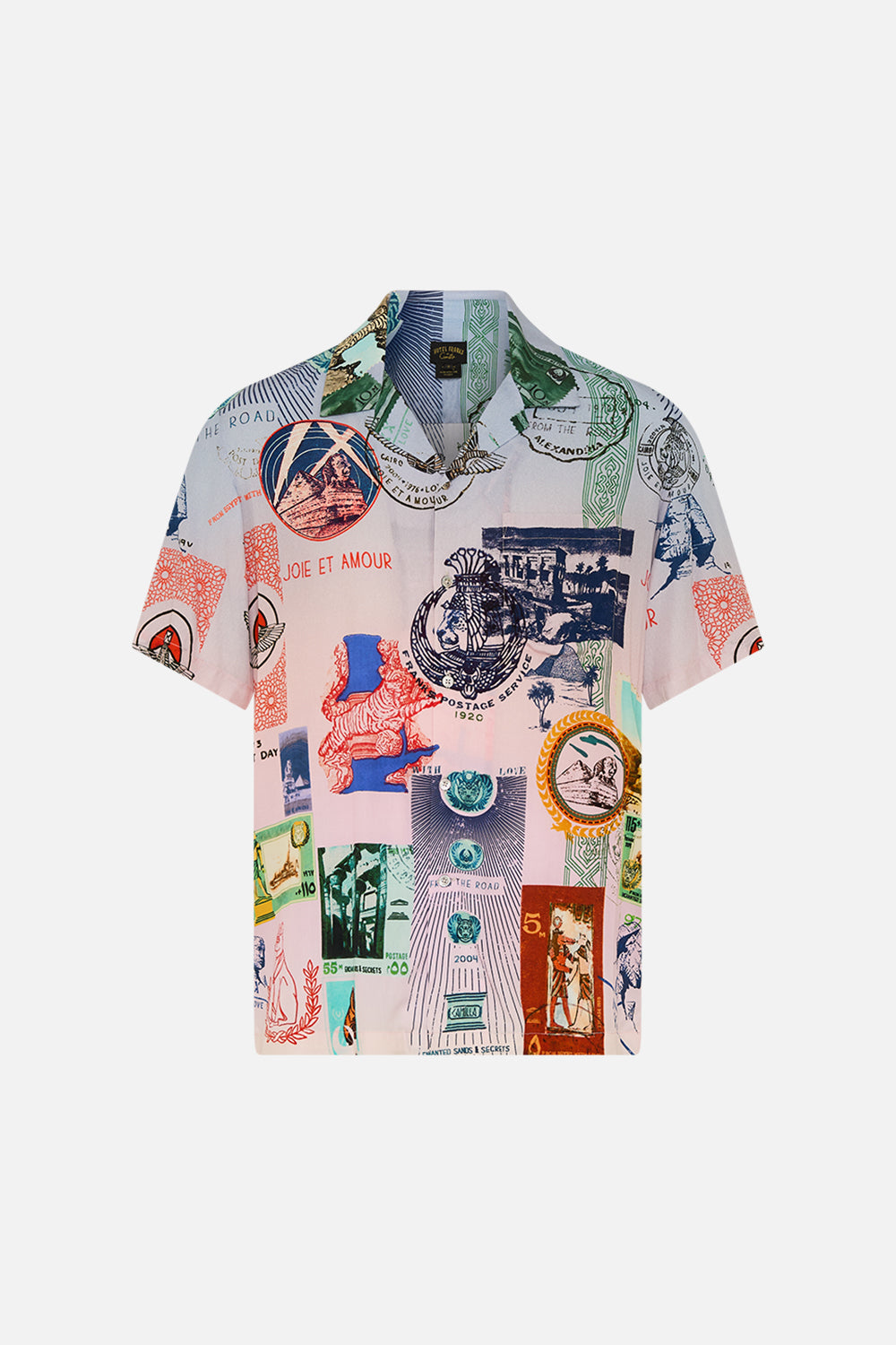 Hotel Franks By CAMILLA short sleeve camp collared shirt in Haute Passport print. 