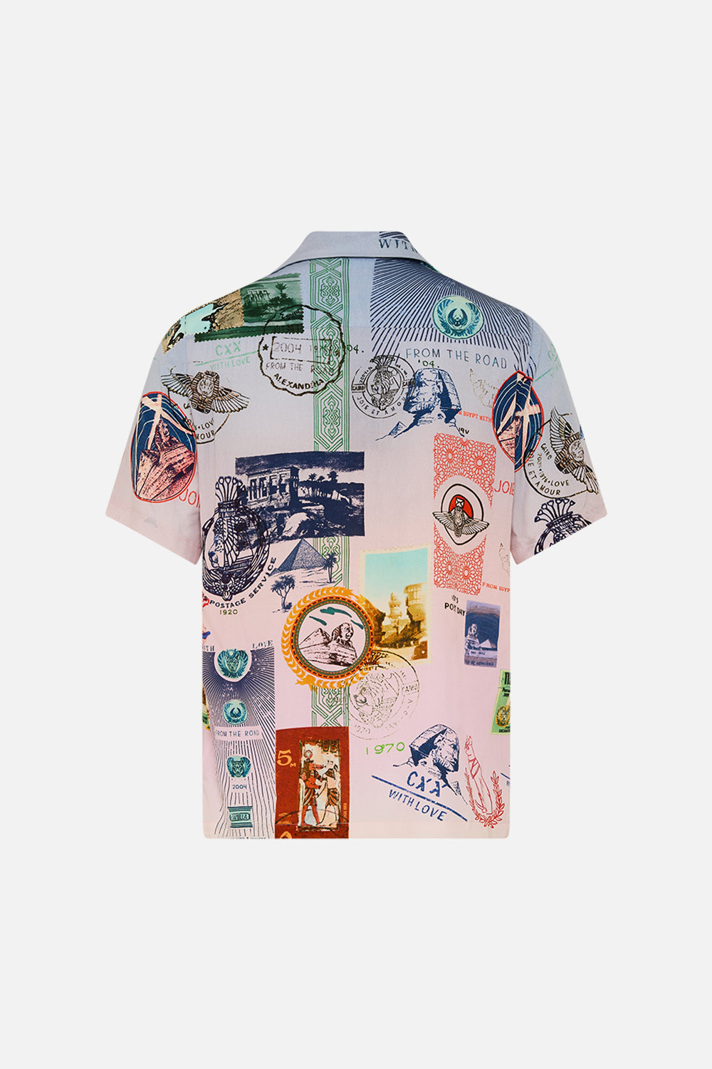Hotel Franks By CAMILLA short sleeve camp collared shirt in Haute Passport print. 
