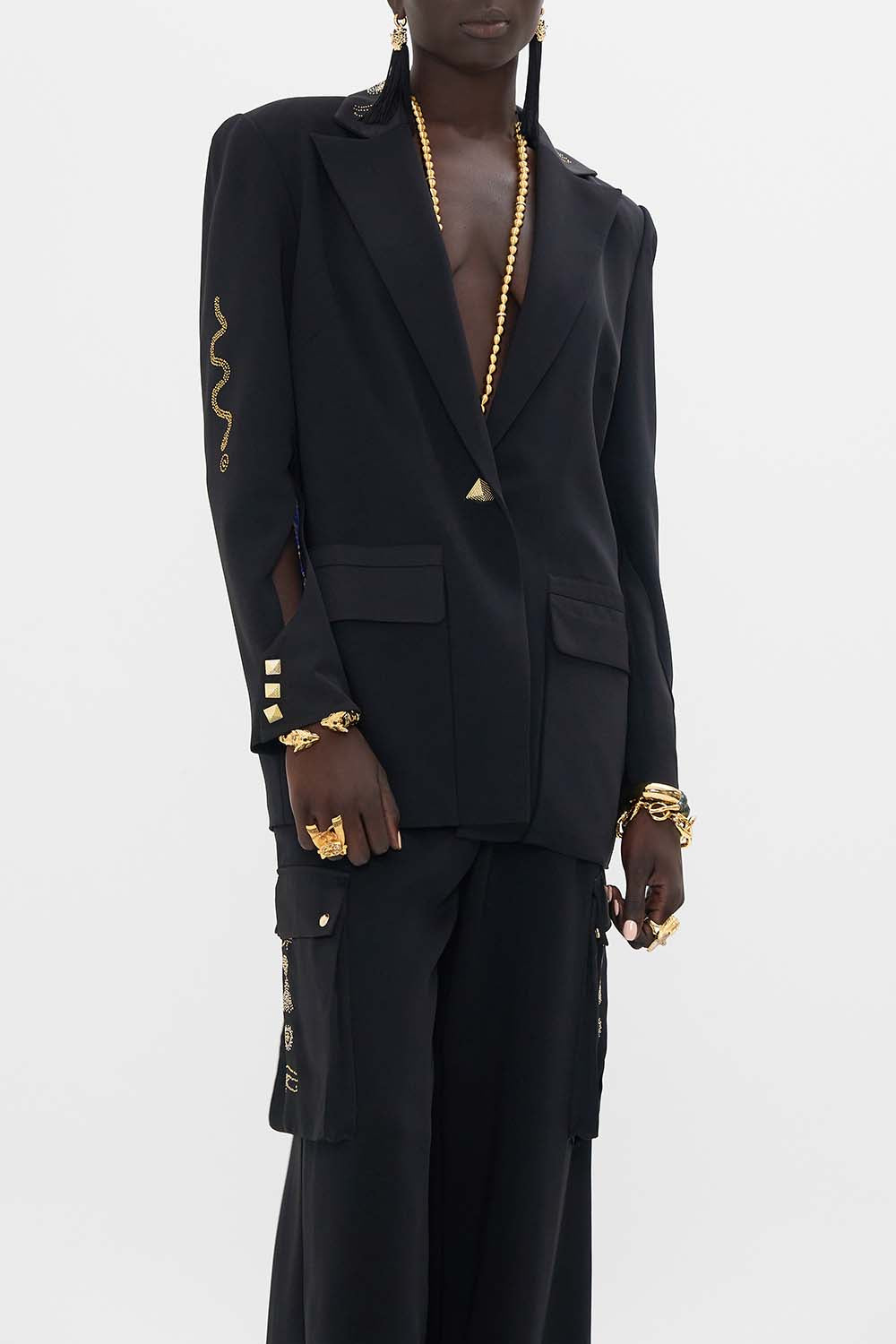 CAMILLA Jacket With Sleeve Cut Out Detail in Cartouche Kingdom print. 