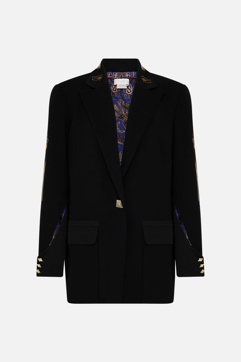 CAMILLA Jacket With Sleeve Cut Out Detail in Cartouche Kingdom print. 