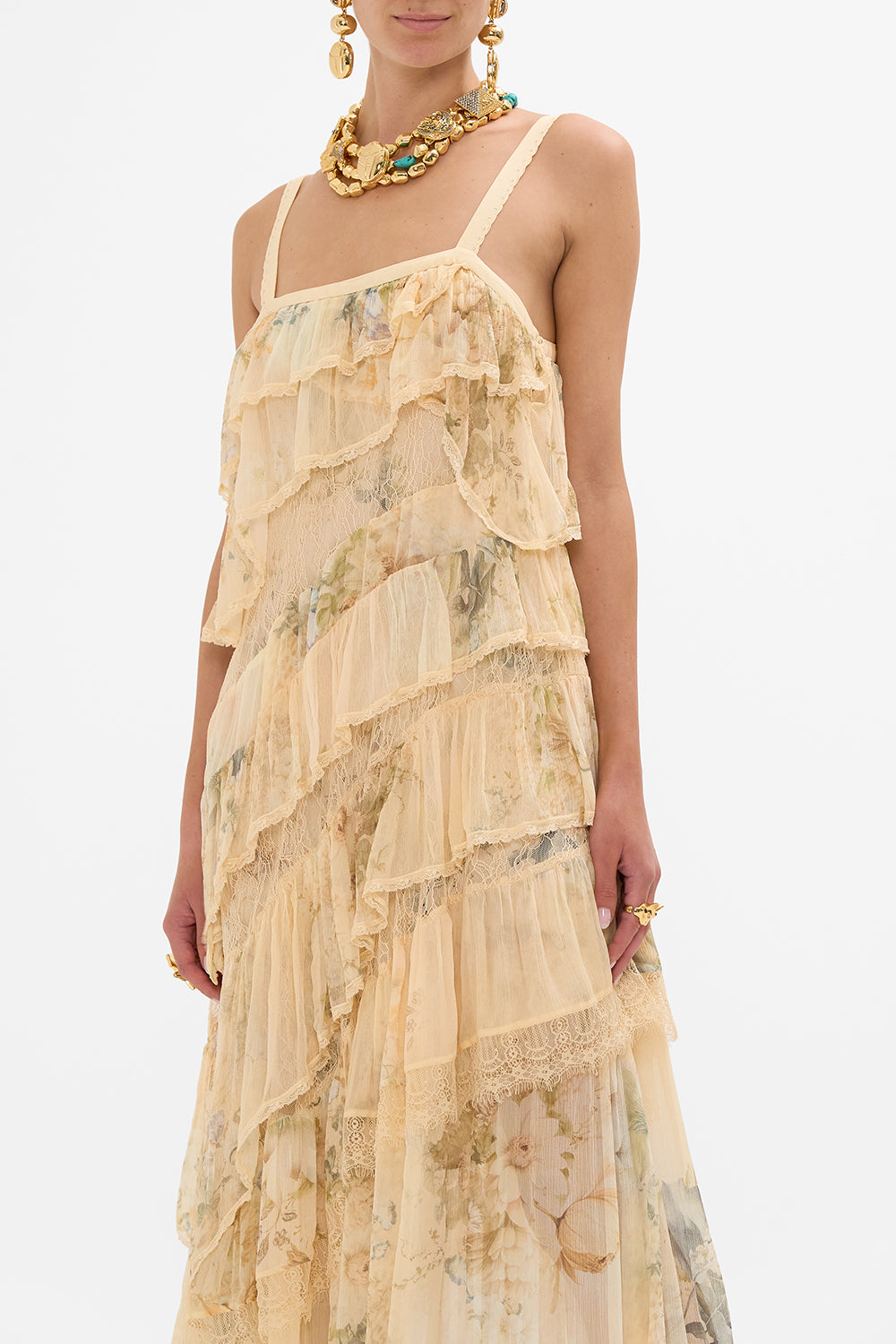 ASYMMETRIC SPLICED LACE DRESS ADORNED IN ANTIQUITY