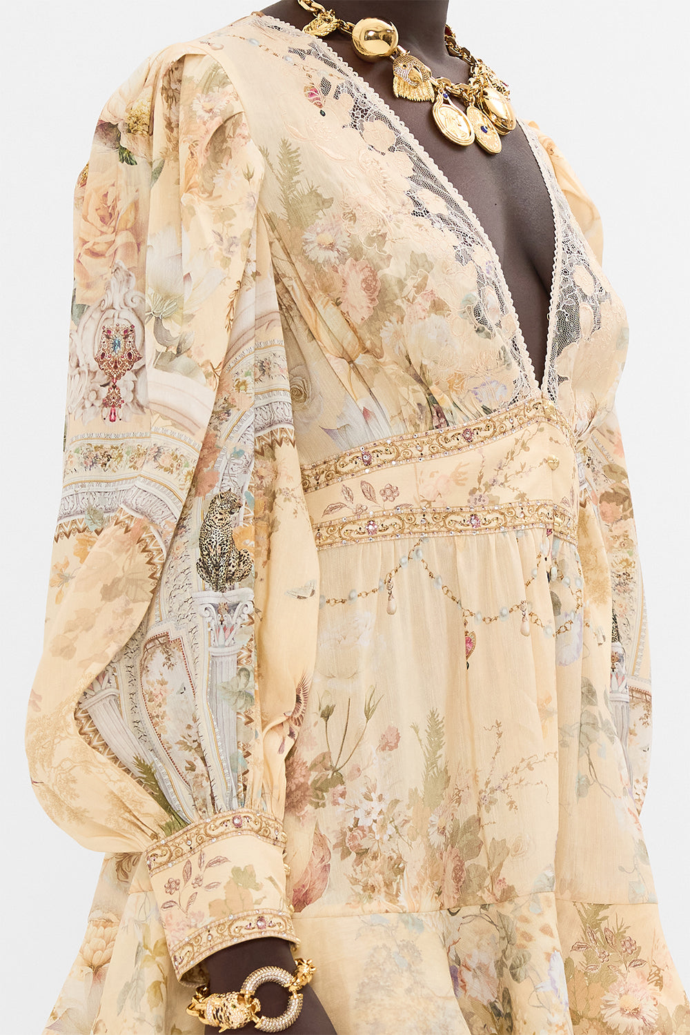 CAMILLA floral button front frill dress in Adorned in Antiquity print. 
