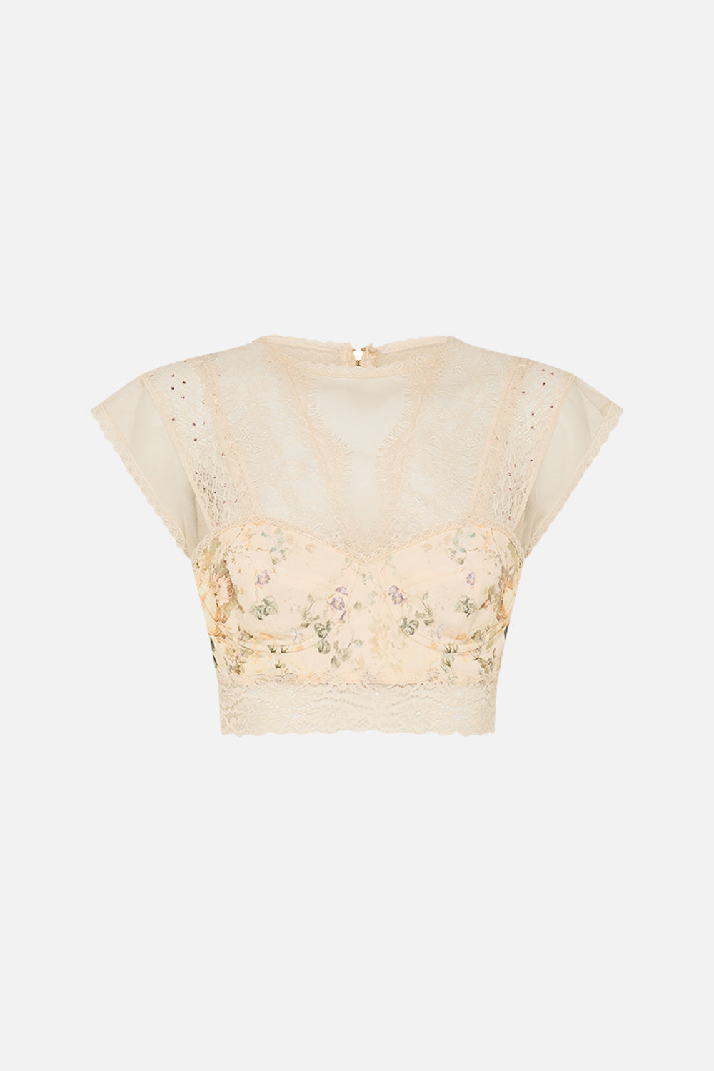 CAMILLA floral lace splice top in Adorned in Antiquity print. 
