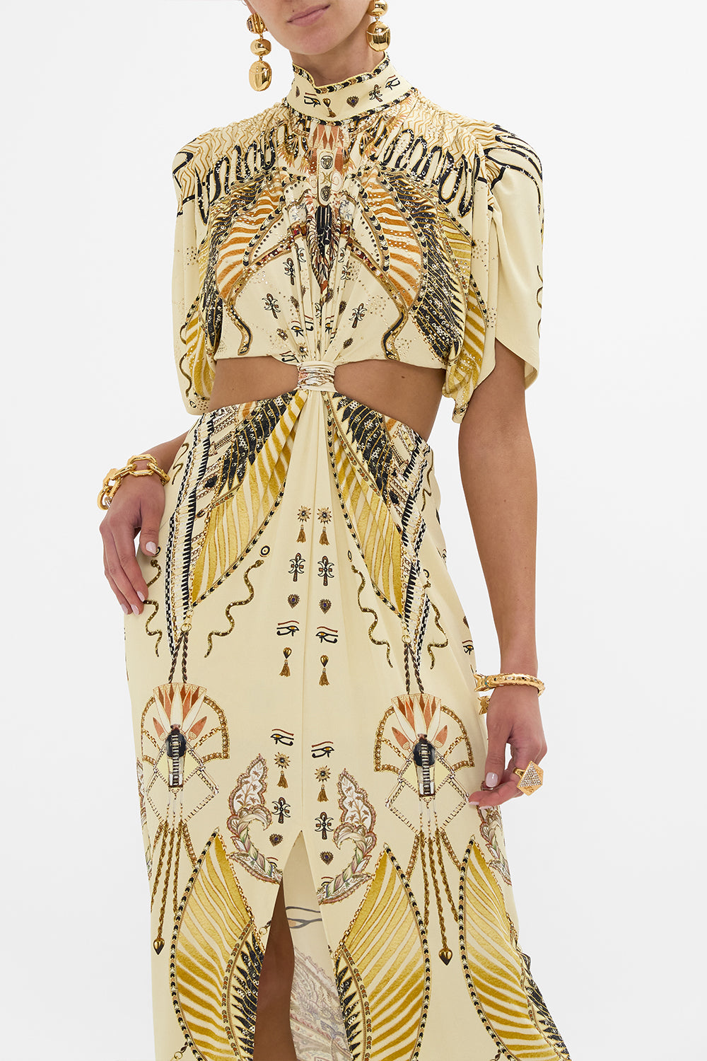 CAMILLA Gold High Neck Twist Cut-Out Jersey Dress in Gateway to the Afterlife Print