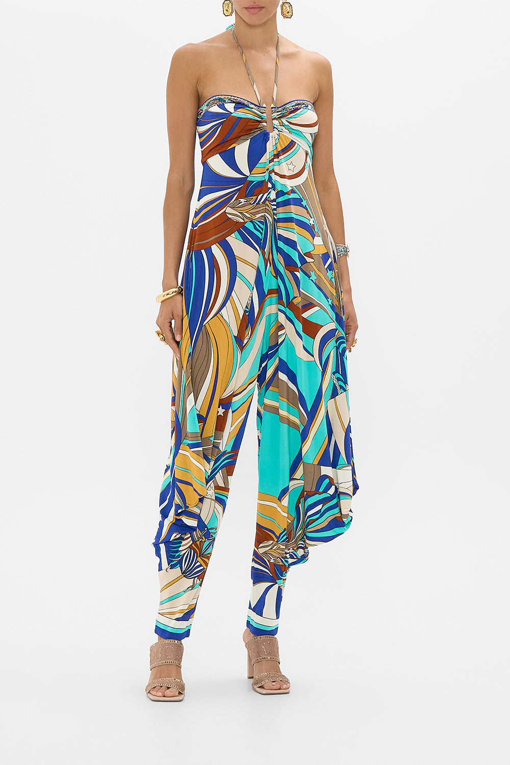 CAMILLA Jersey Draped Pant Jumpsuit in Oasis Oracle print. 
