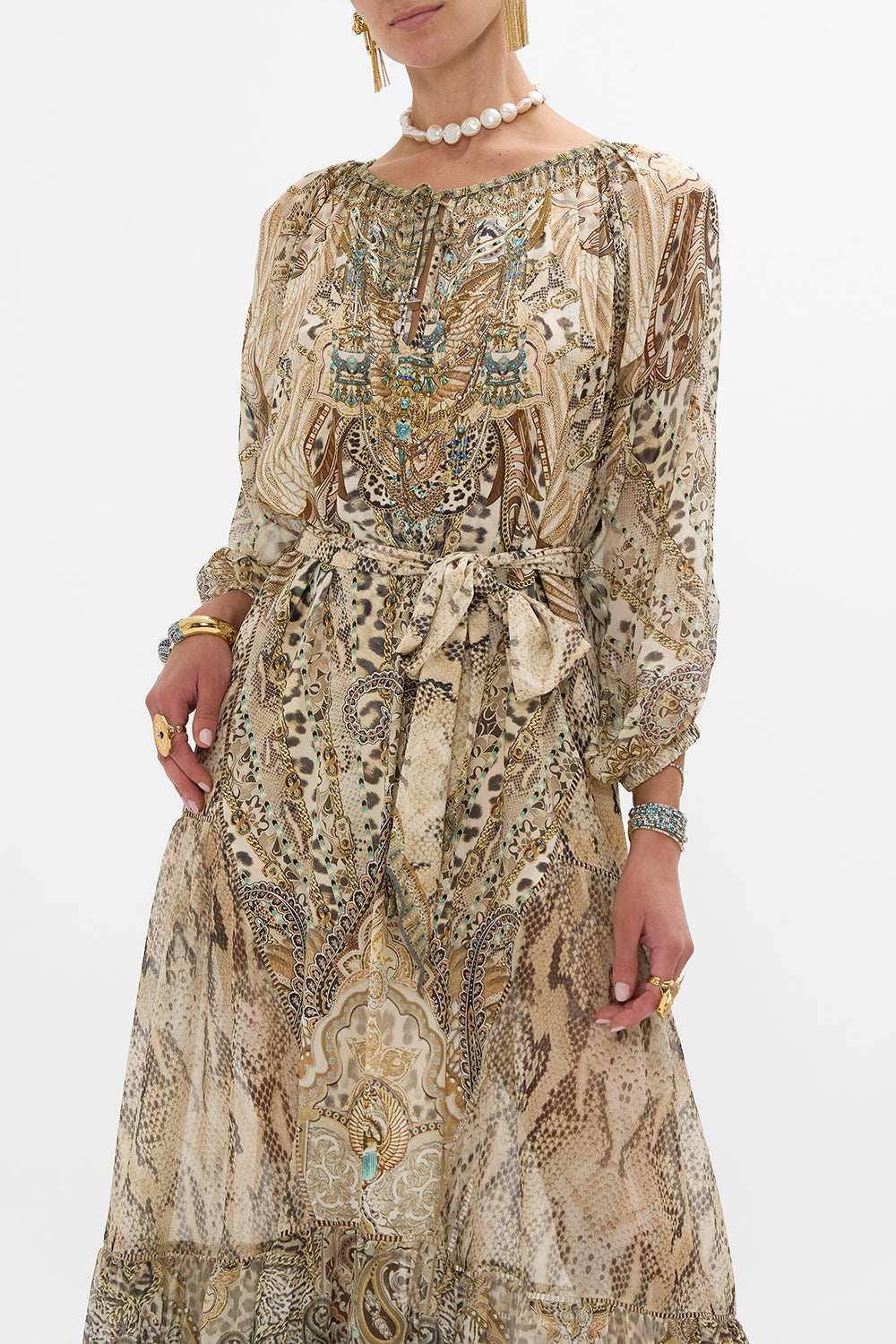 CAMILLA Long Sleeve Oversized Peasant Dress in The Throne Room print