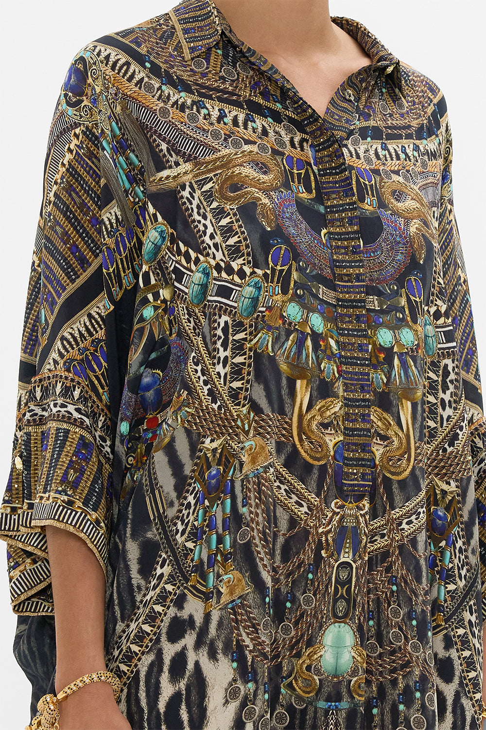 CAMILLA Batwing Kaftan in Cat Worship print. 