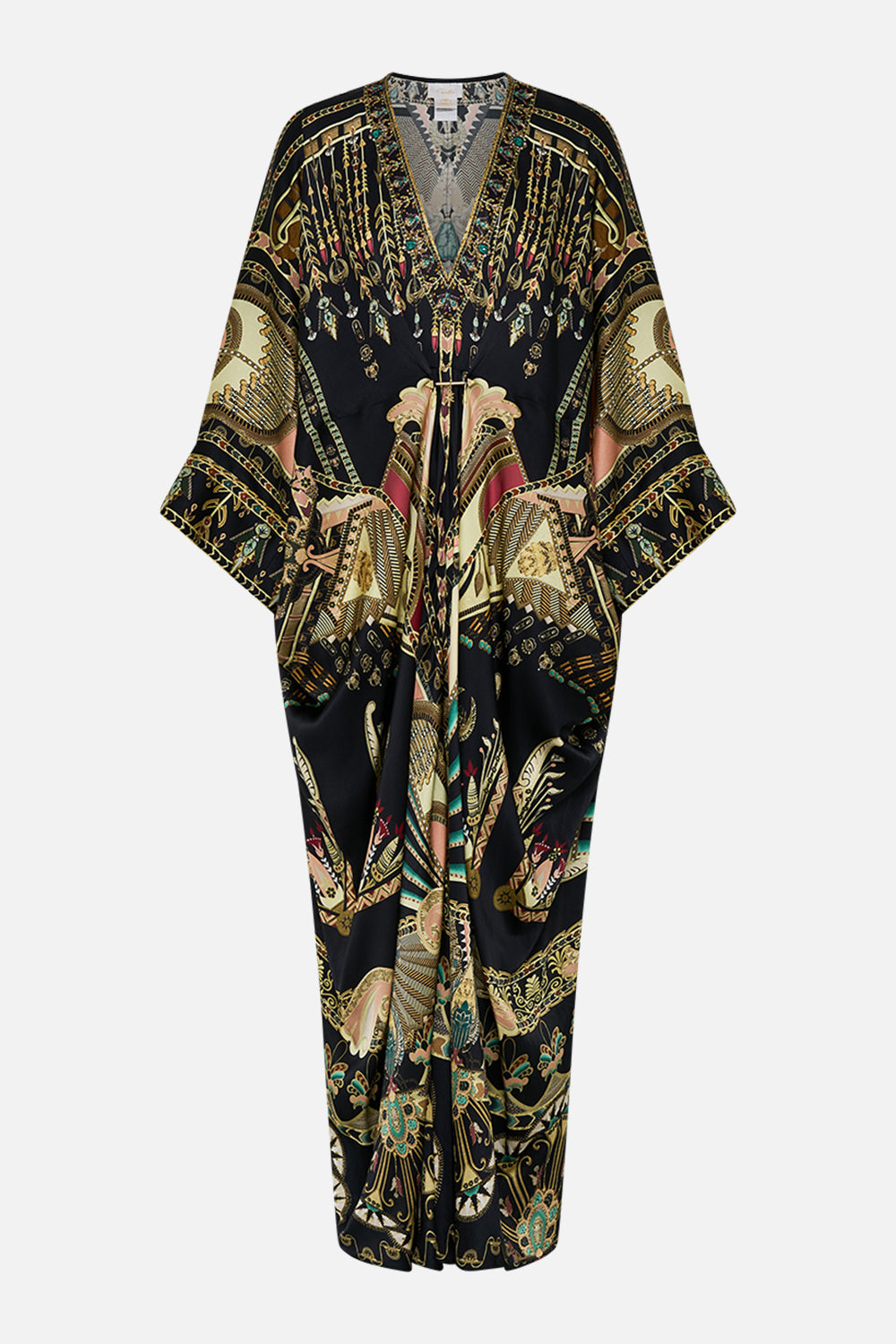 CAMILLA Black/Gold Pierced V-Neck Kaftan in They Called Her Nefertari print
