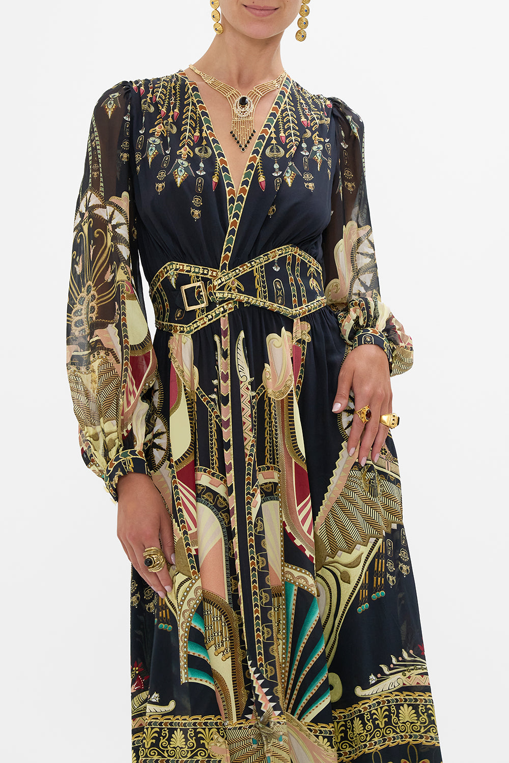 CAMILLA Black/Gold Peaked Waistband Long Dress in They Called Her Nefertari print