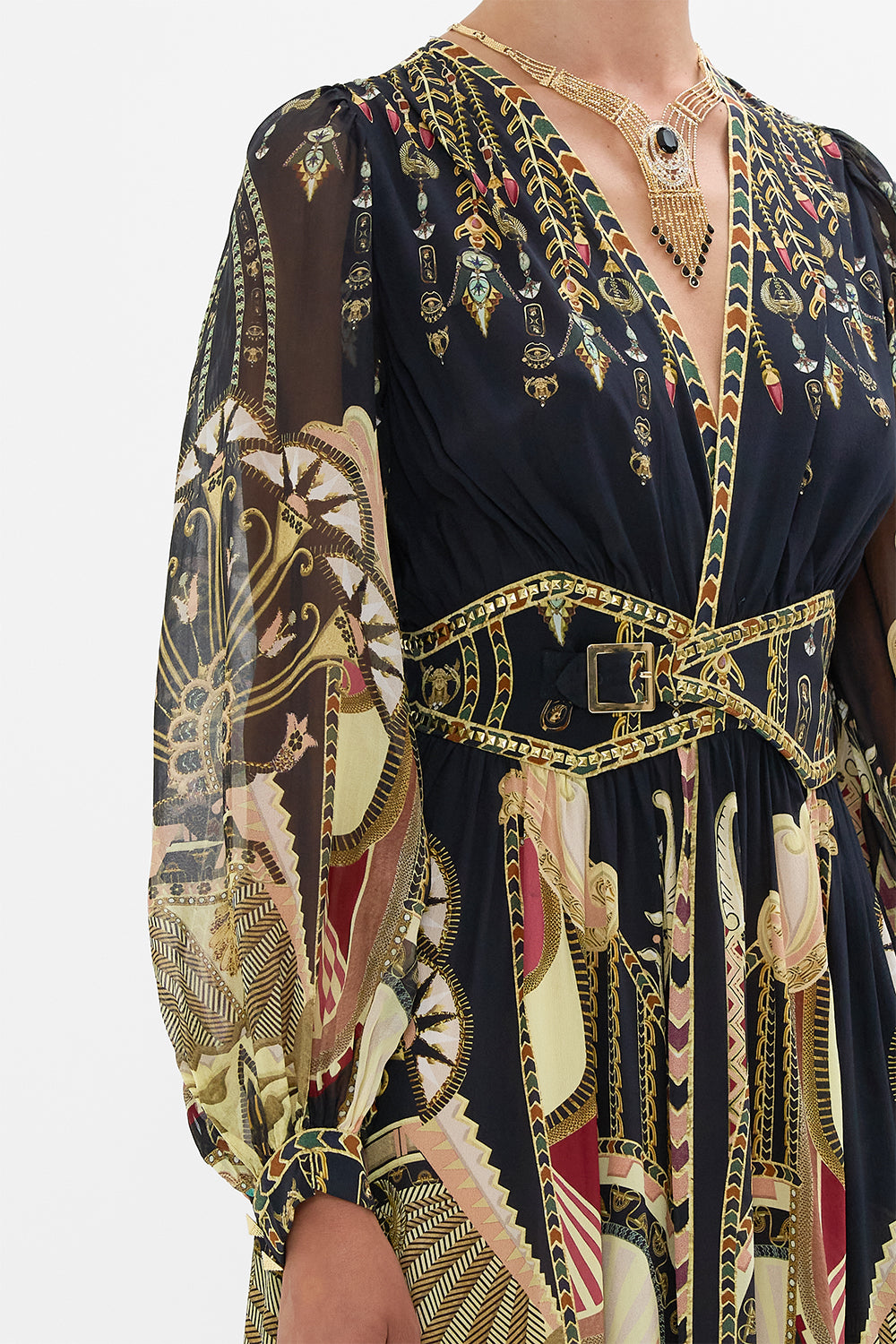 CAMILLA Black/Gold Peaked Waistband Long Dress in They Called Her Nefertari print