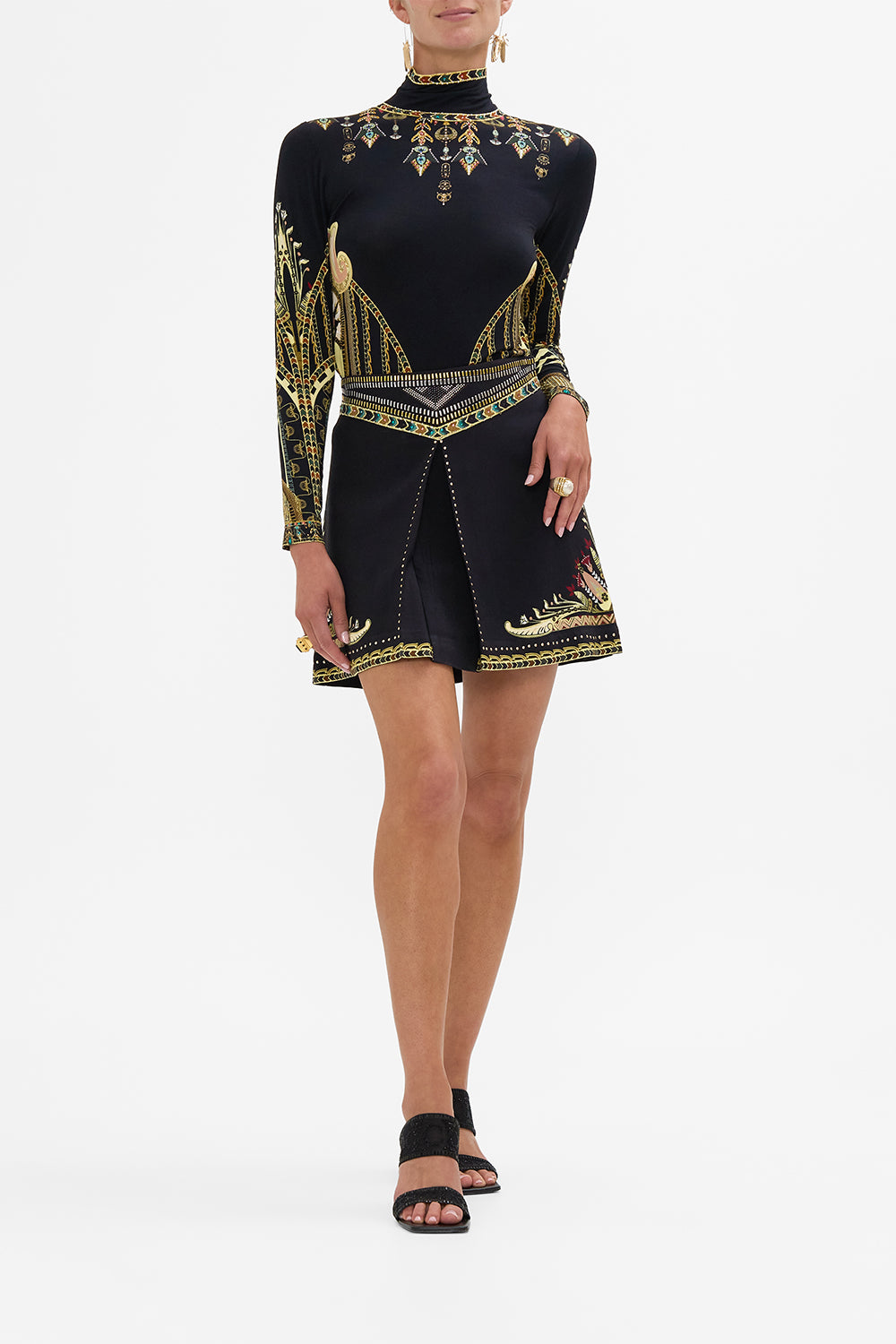 CAMILLA Metal Studded Shaped Waistband Mini Skirt in They Called Her Nefertari print