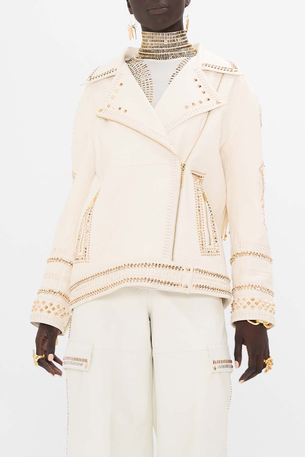 CAMILLA Oversized Leather Biker Jacket in Valley of the Queens print