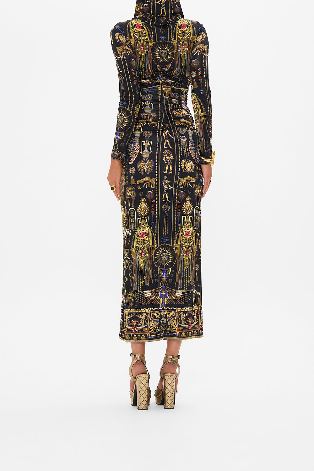 CAMILLA Twist Front Jersey Hooded Dress in Cartouche Kingdom print. 