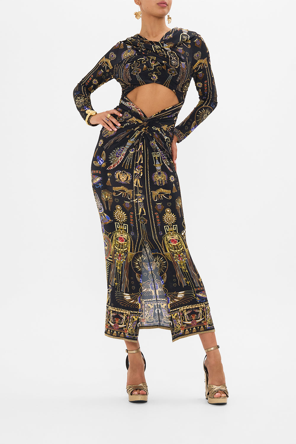 CAMILLA Twist Front Jersey Hooded Dress in Cartouche Kingdom print. 