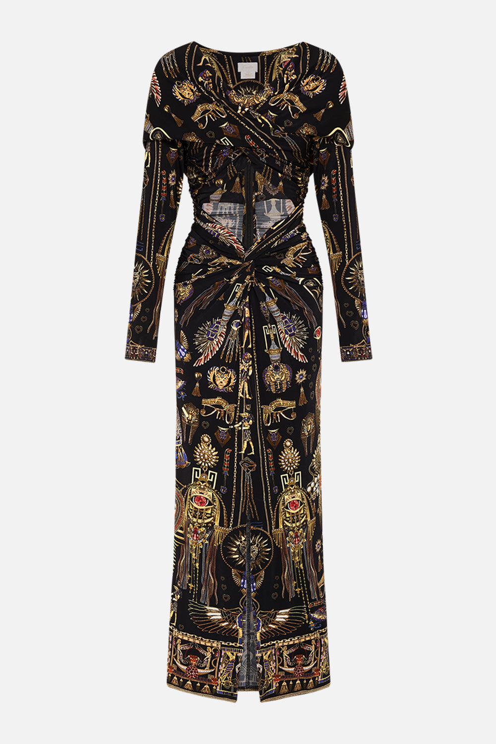 CAMILLA Twist Front Jersey Hooded Dress in Cartouche Kingdom print. 