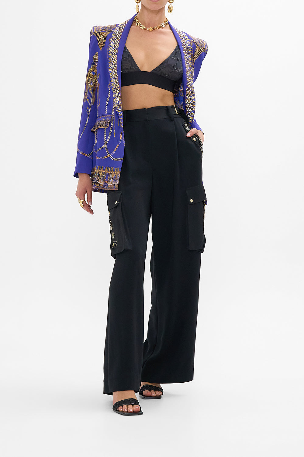 CAMILLA Peaked Shoulder Blazer in My Fair Pharaoh print. 