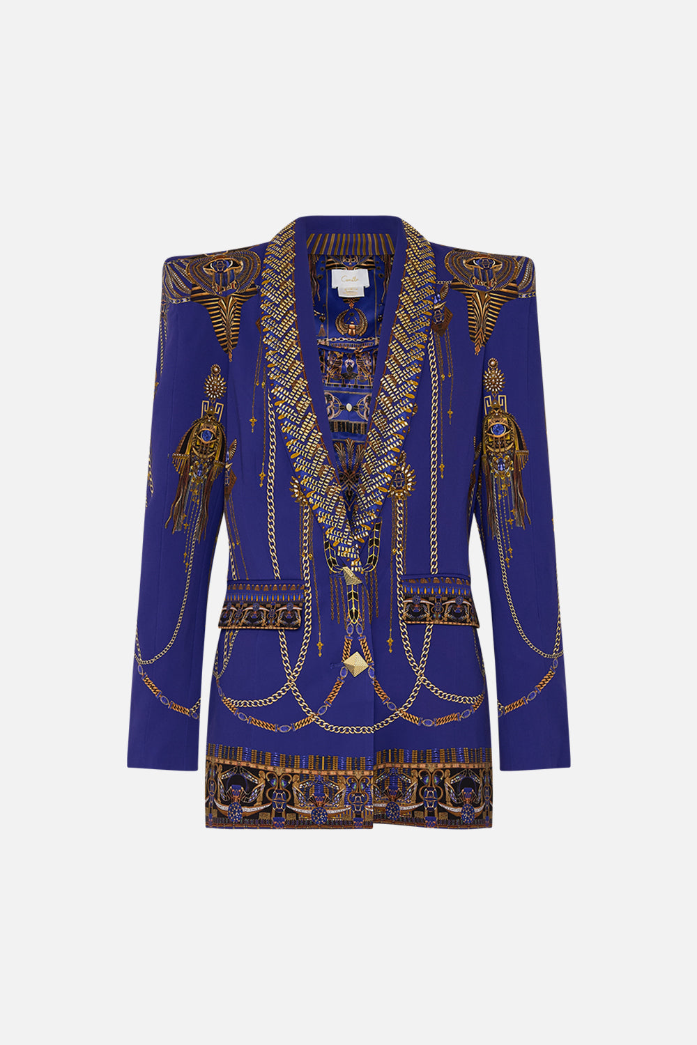 CAMILLA Peaked Shoulder Blazer in My Fair Pharaoh print. 