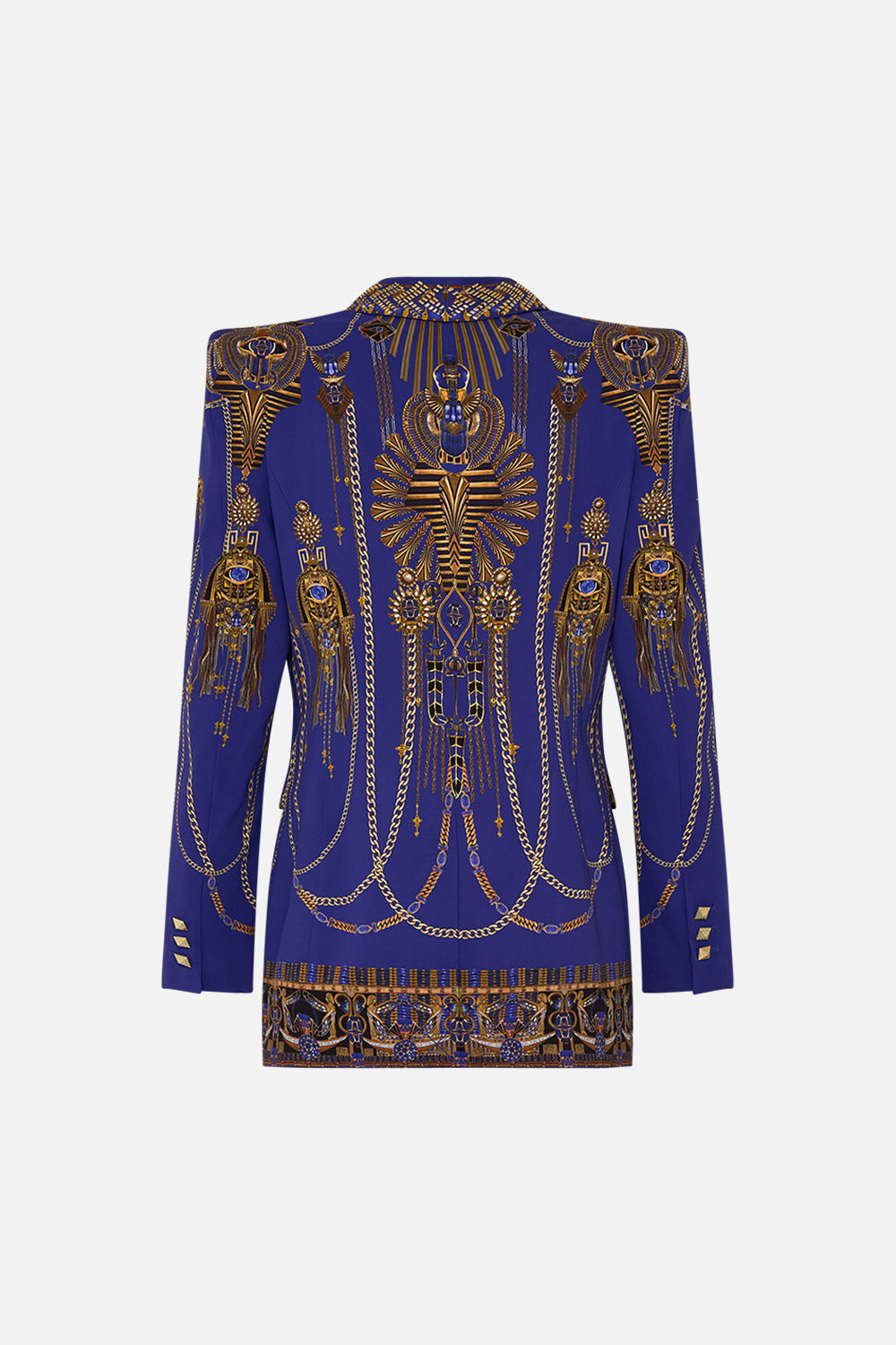 CAMILLA Peaked Shoulder Blazer in My Fair Pharaoh print. 