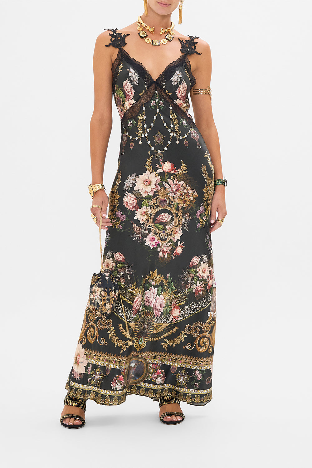 CAMILLA v neck full length bias slip in Dyansty Daze print. 